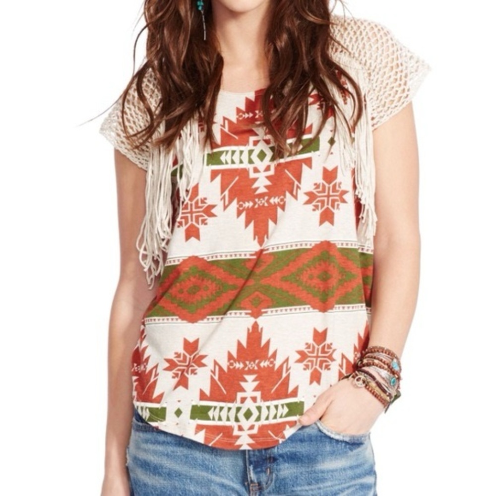Denim &‎ Supply Ralph Lauren Fringe Knit Top crochet boho Aztec native